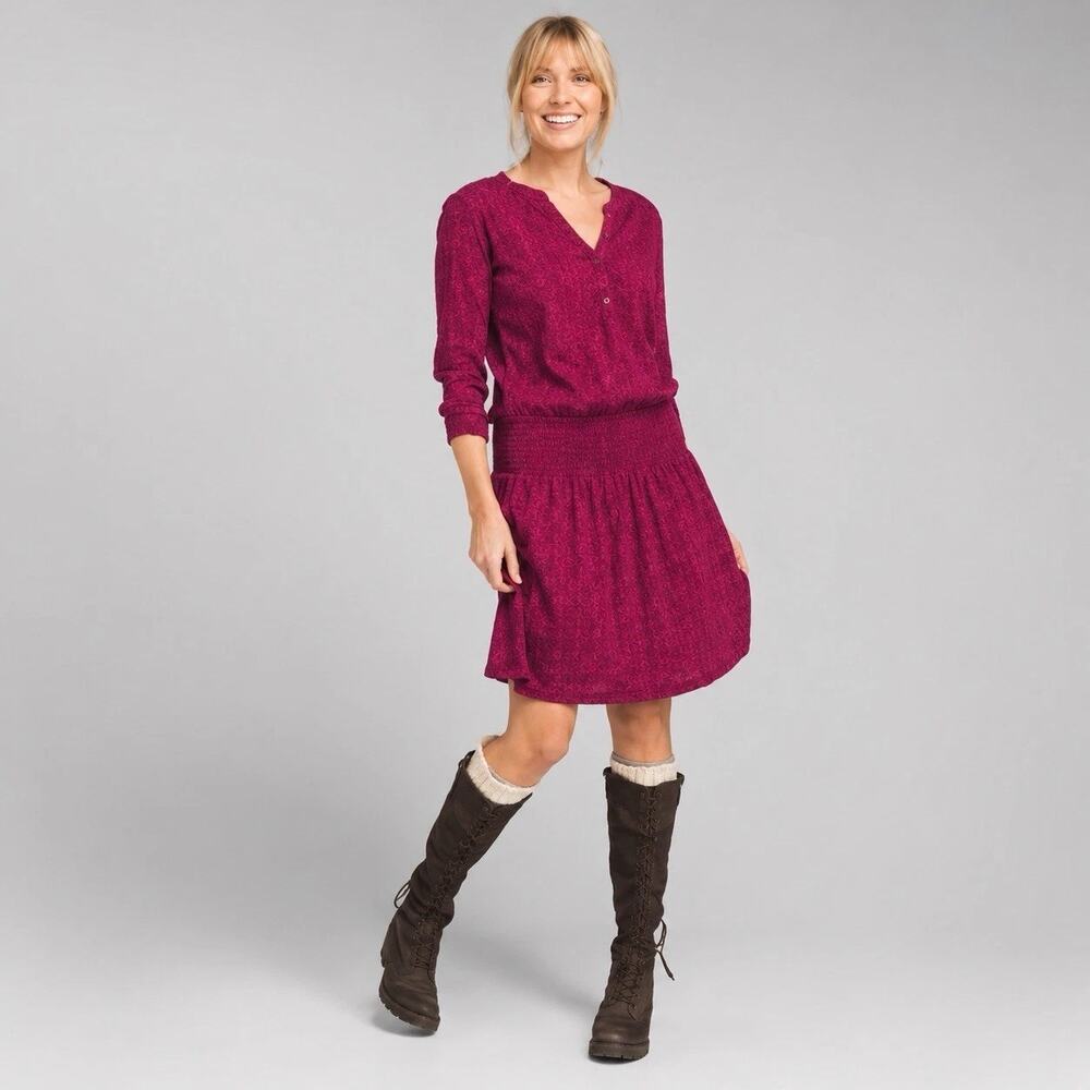 prAna Sugar Pine Drop Waist Henley Dress S Purple Black Cherry Bodhi Gauze EUC